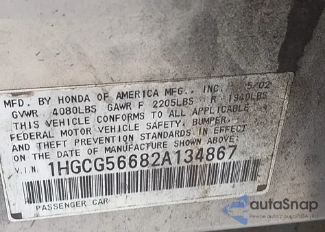 2002 Honda Accord 2.3 Ex from USA, damaged, VIN 1HGCG56682A134867